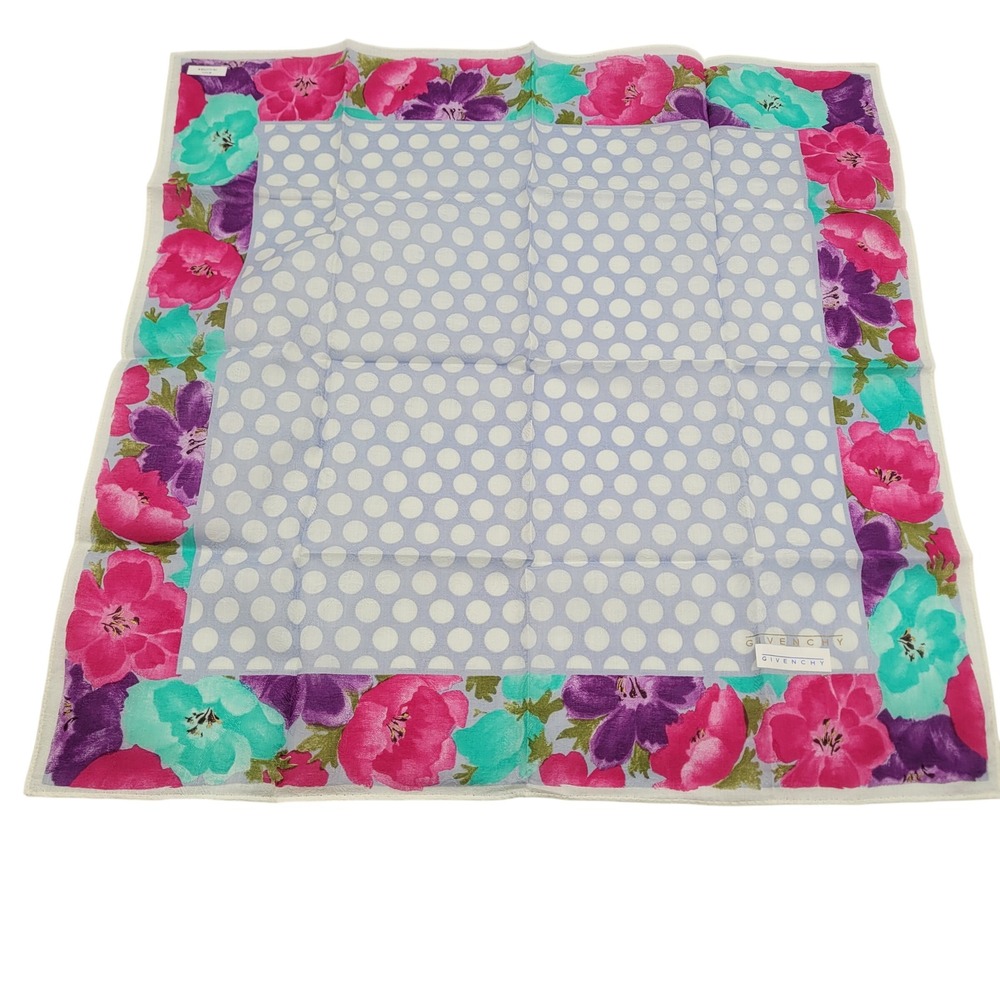 Givenchy Handkerchief Floral Polka Dot Cotton Scarf Lavender Pink Teal 18.5in